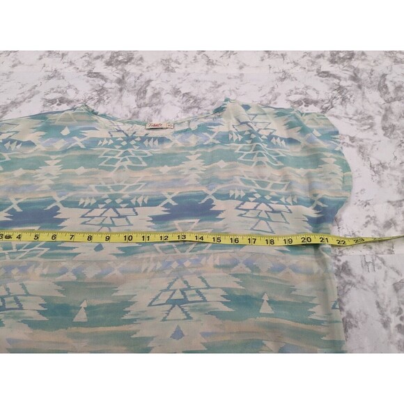 FAHERTY Womens Silk Aztec Print T Shirt  Small Cream Blue Tribal Top Blouse Sz M - Picture 3 of 6